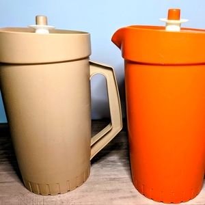 Vintage Tupperware 2 Quart Pitchers, orange and almond. Burp lids come with